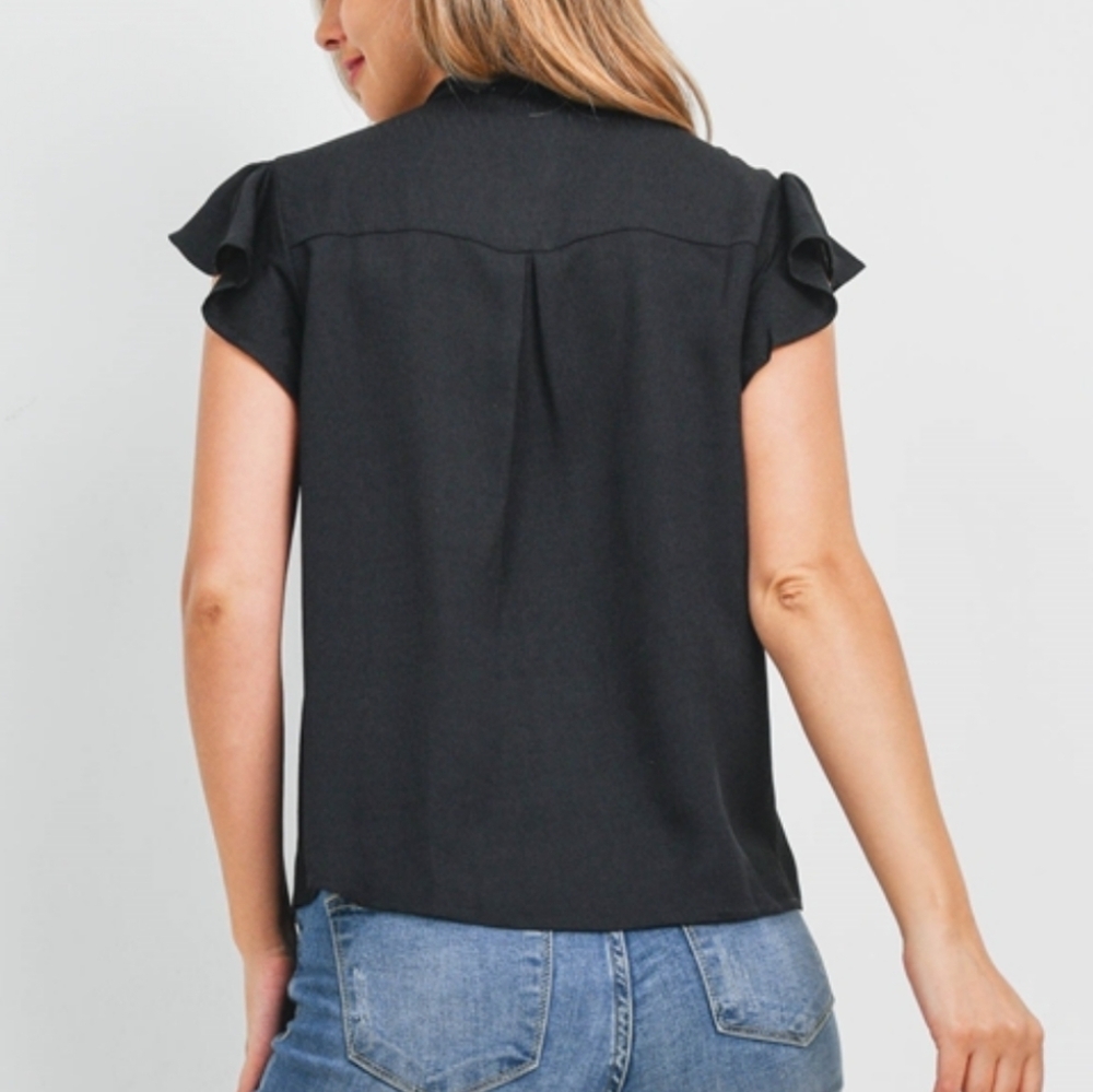 NWT Boutique Black Flutter Sleeve Tie Neck Blouse - Picture 4 of 10